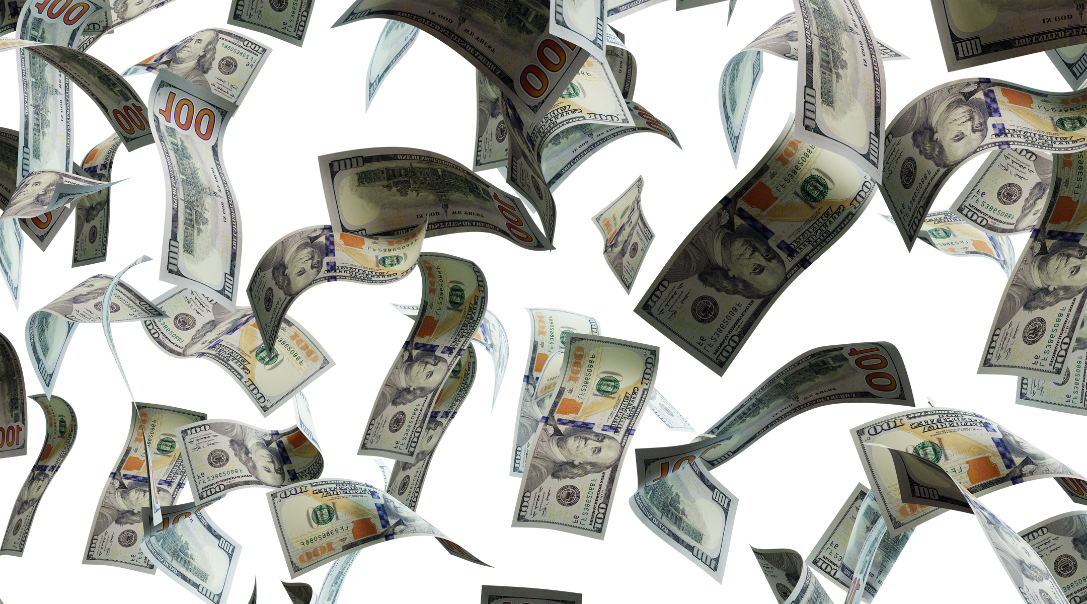 Money rain, dollar banknotes fly. Isolated on transparent background